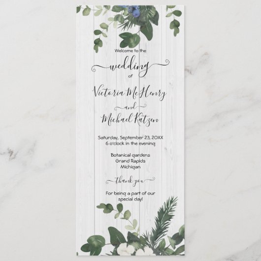 Rustieke Witte Hout Bloemen & Pine Programma Kaart (Voorkant)