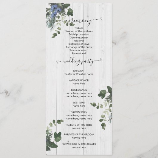 Rustieke Witte Hout Bloemen & Pine Programma Kaart (Achterkant)