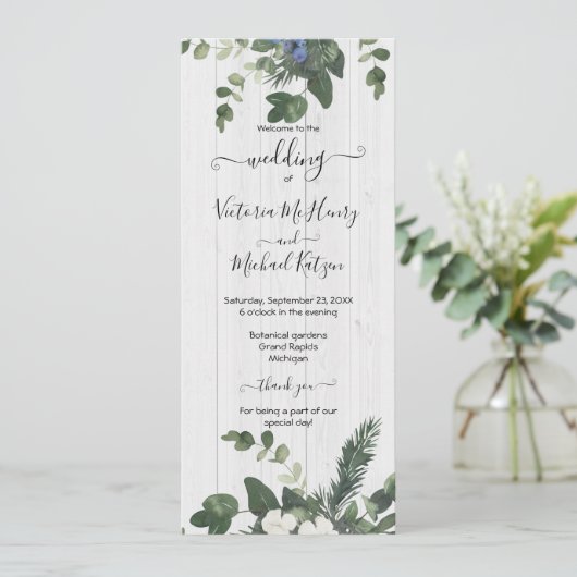 Rustieke Witte Hout Bloemen & Pine Programma Kaart (Staand voorkant)