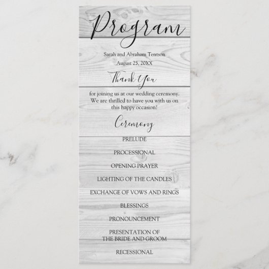 Rustieke witte houten landelijke trouwprogramma's menu (Voorkant)