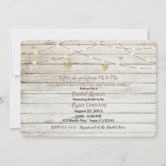 Rustieke Witte Houten Lichten & Hartjes Bruidsborr Kaart (Voorkant)