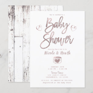 Rustieke Witte Houten Roze Gouden Baby Shower Kaart