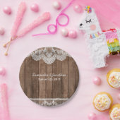 Rustieke witte kant en houten bruiloft papieren bordje (Feest)