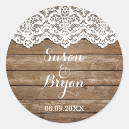 Rustieke Witte Kant en Houten Bruiloft Sticker