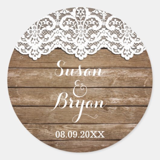 Rustieke Witte Kant en Houten Bruiloft Sticker (Voorkant)