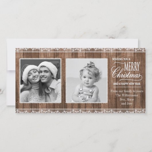 Rustieke Witte Kant & Hout Kerstmis Feestdagenkaart (Voorkant)