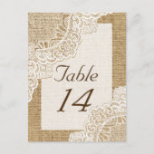 Rustieke witte kant op jute trouwtafel nummer briefkaart (Voorkant)