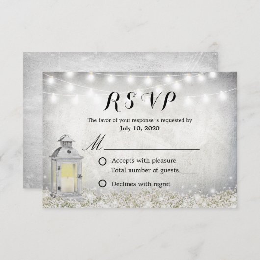 Rustieke witte lantaarn Baby's Breath bloemstuk RS RSVP Kaartje (Voorkant / Achterkant)