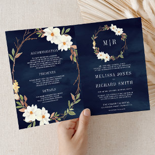 Rustieke Witte Magnolia Bloem QR Code Navy Trouwka