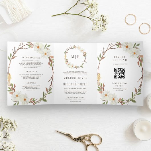 Rustieke Witte Magnolia Bloem QR Code Trouwdag Drieluik Uitnodiging
