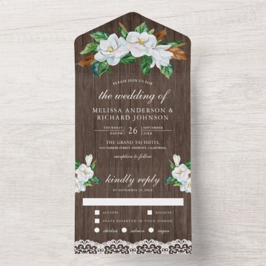 Rustieke Witte Magnolia Bloem Schuur Houten Bruilo All In One Uitnodiging (Binnen)