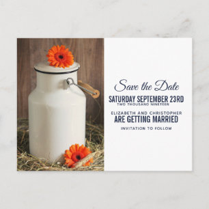 Rustieke Witte Melkkruik met Bloemen Save the Date Briefkaart