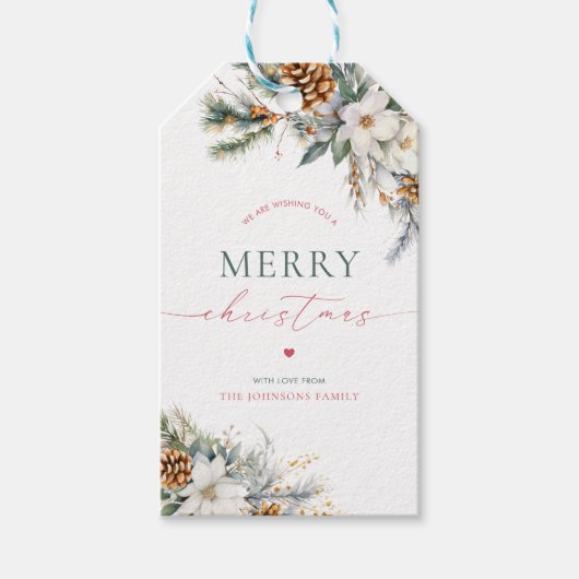 Rustieke Witte Pijn Bloemen Kerstvakantie Cadeaulabel (Voorkant)