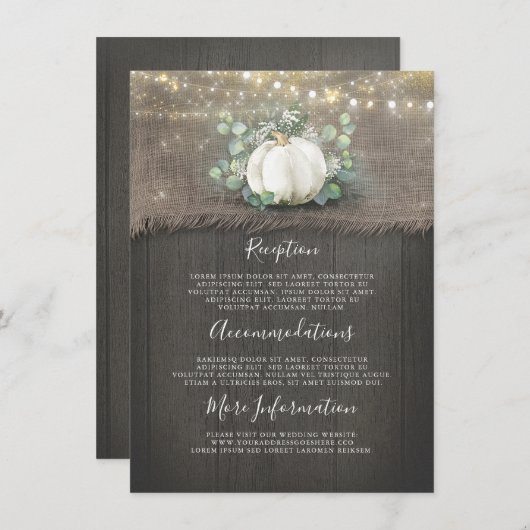 Rustieke witte pompoen bruiloft details informatie informatiekaartje (Voorkant / Achterkant)