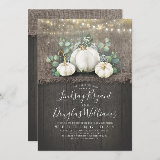 Rustieke witte pompoen en baby's adem bruiloft kaart (Voorkant / Achterkant)