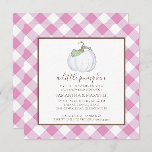 Rustieke Witte Pompoen en Gingham Baby shower Kaart (Voorkant / Achterkant)