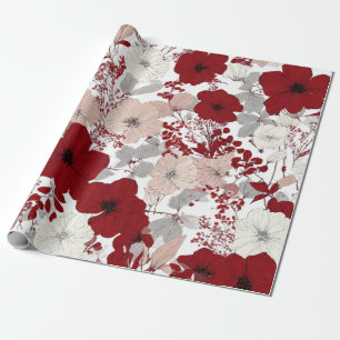Rustieke Witte Rode Botanische Pastel Vintage Bloe Cadeaupapier