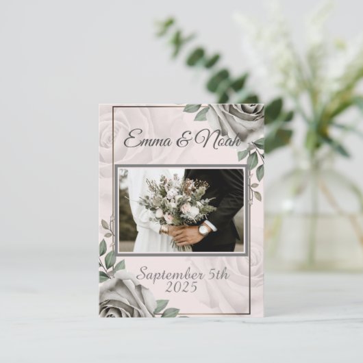 Rustieke witte roos foto sjabloon bruiloft dank u (Staand voorkant)