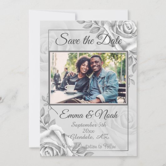 Rustieke Witte Rose Fotosjabloon Sla de datum op Aankondiging (Voorkant)