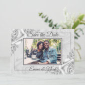 Rustieke Witte Rose Fotosjabloon Sla de datum op Save The Date (Staand voorkant)