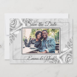 Rustieke Witte Rose Fotosjabloon Sla de datum op Save The Date