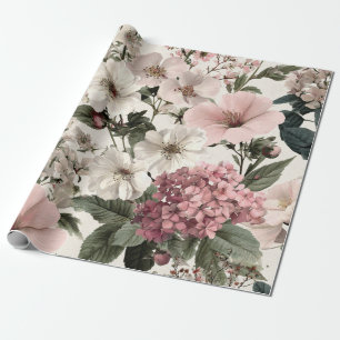 Rustieke Witte Roze Botanische Pastel Vintage Bloe Cadeaupapier