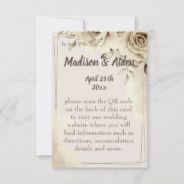 Rustieke witte rozen bruiloft details behuizing Ka RSVP Kaartje