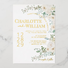 Rustieke witte rozen groen moderne bruiloft folie uitnodiging