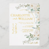 Rustieke witte rozen groen moderne bruiloft folie uitnodiging (Voorkant)