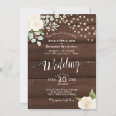 Rustieke witte rozen & lichten op schuur hout brui kaart (Voorkant)