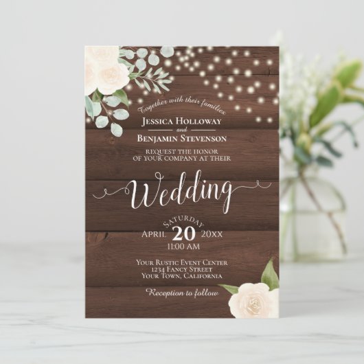 Rustieke witte rozen & lichten op schuur hout brui kaart (Staand voorkant)