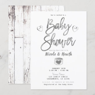 Rustieke Witte Schuur Hout Zilver Baby Shower    Kaart