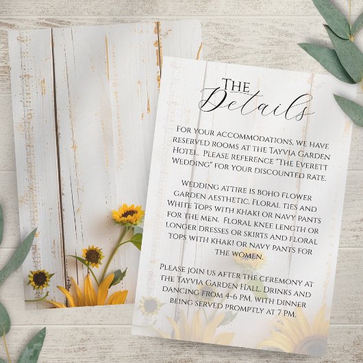 Rustieke Witte Schuur Hout Zonnebloem Wedding Deta Informatiekaartje