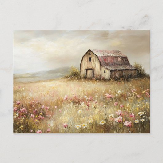 Rustieke Witte Schuur Wildflower Field Painting Briefkaart (Voorkant)