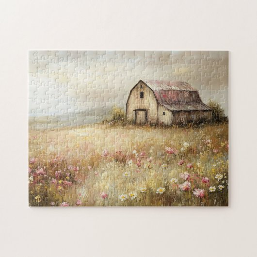 Rustieke Witte Schuur Wildflower Field Painting Legpuzzel (Horizontaal)