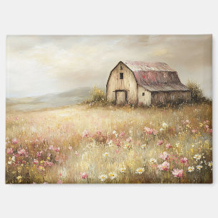Rustieke Witte Schuur Wildflower Field Painting Magneet