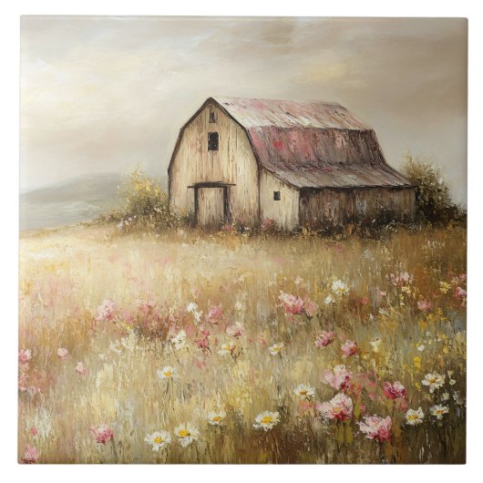 Rustieke Witte Schuur Wildflower Field Painting Tegeltje (Voorkant)