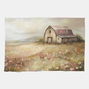 Rustieke Witte Schuur Wildflower Field Painting Theedoek