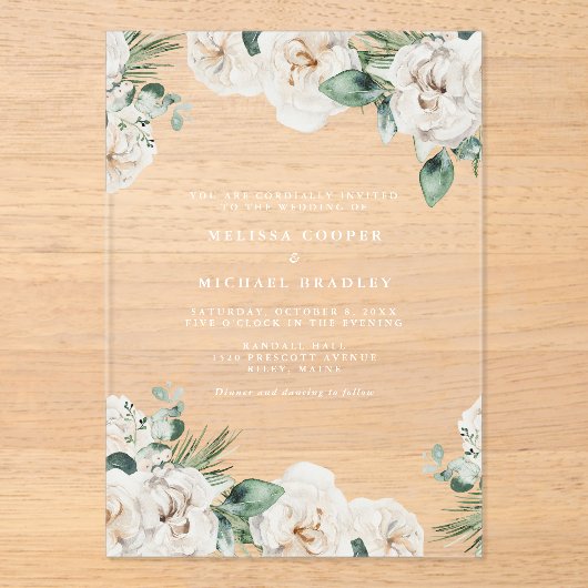 Rustieke Witte Waterverf Bloemen Huwelijk Acryl Uitnodigingen (Voorkant)