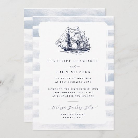 Rustieke Witte Waterverf Nautische Scheepsbruiloft Kaart (Voorkant / Achterkant)