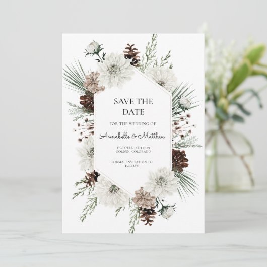 Rustieke Witte Winter Bloemen Save the Date Kaart (Staand voorkant)