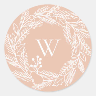 Rustieke witte winter krans Monogram Blush Ronde Sticker