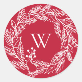 Rustieke witte winter krans monogram rood ronde sticker