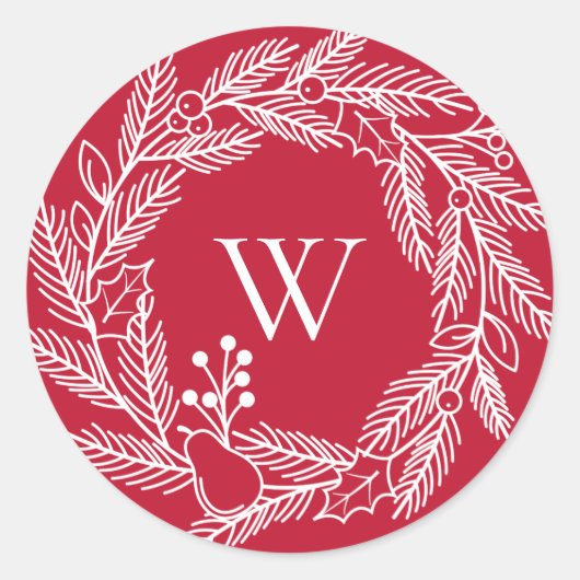 Rustieke witte winter krans monogram rood ronde sticker (Voorkant)