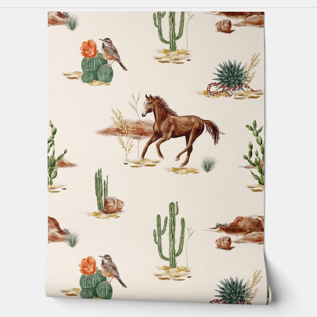 Rustieke Woestijn Aquarel Paard en Cactus Wilde Di Behang (Afrollen)