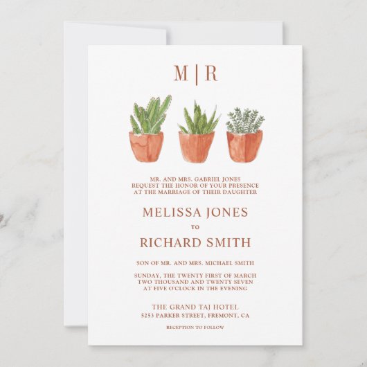 Rustieke woestijn cactus terracotta potten bruilof kaart (Voorkant)