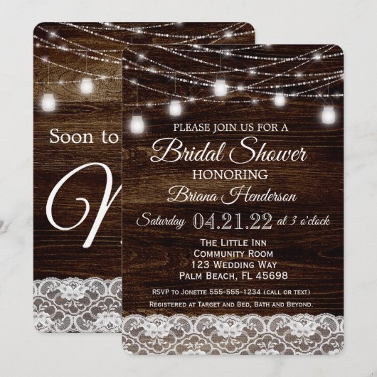 Rustieke Wood & Lace Mason Jar Lights Vrijgezellen Kaart (Voorkant / Achterkant)