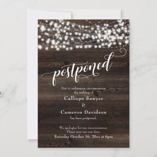 Rustieke Wood & Lights Uitgestelde bruiloft Update Kaart (Voorkant)