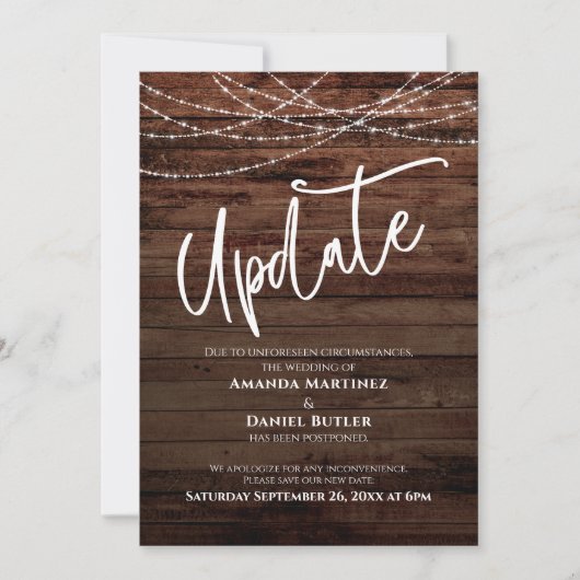 Rustieke Wood & Lights Uitgestelde bruiloft Update Kaart (Voorkant)