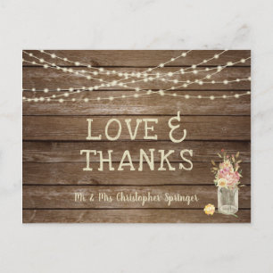 Rustieke Wood Mason Jar Flowers LIEFDE BEDANKT Bru Briefkaart